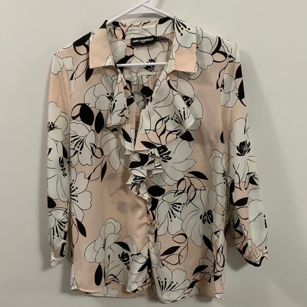 Karl Lagerfeld Women’s Blouse ruffle front button loops very good condition